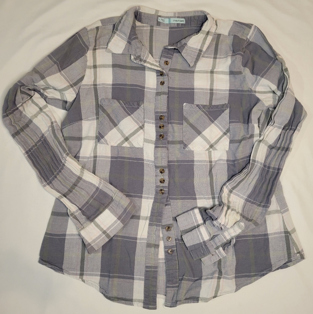 Maurices Grey and White Plaid Button-Front Shirt